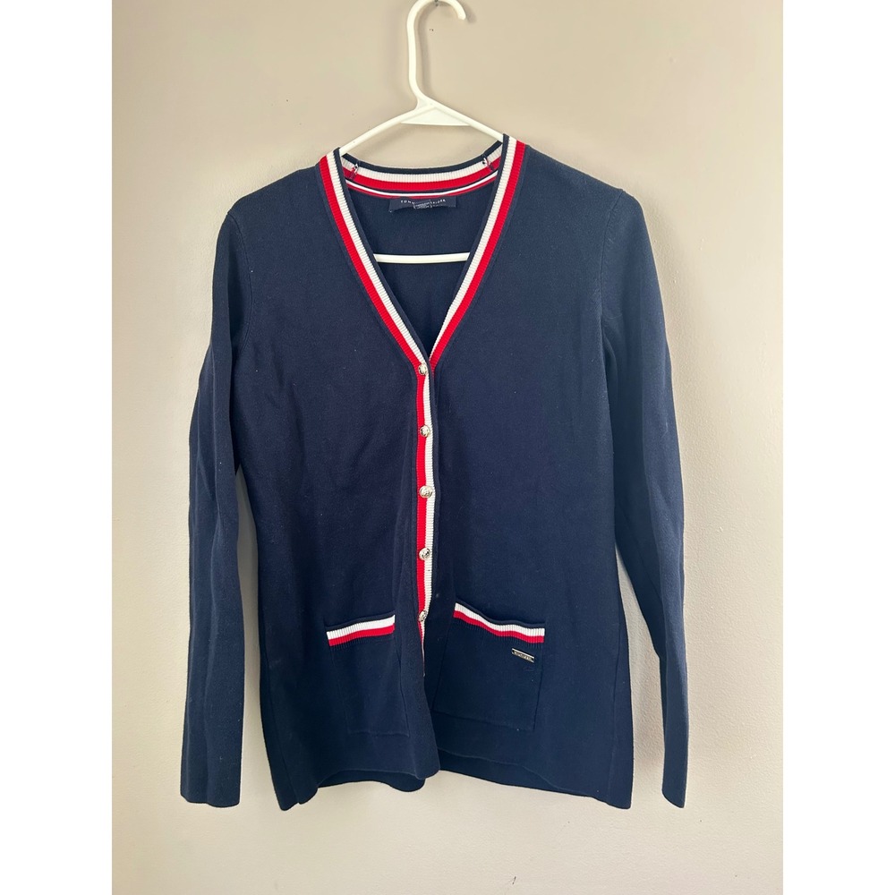 Tommy Hilfiger Navy Blue Red White Trim V Neck Button Cardigan Sweater SP Preppy